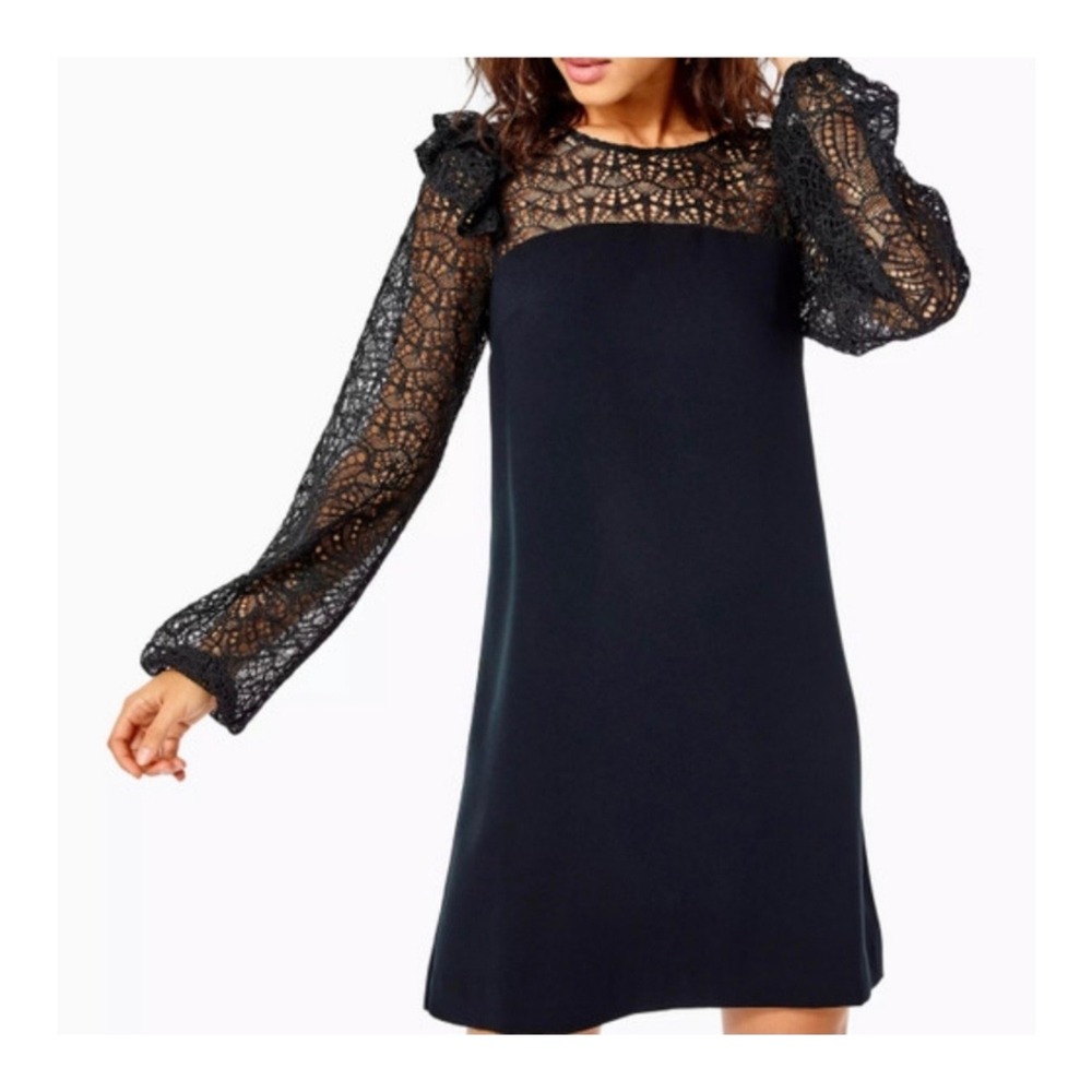 Lilly Pulitzer Lace Shift Dress Womens Large Black Excellent Ruffle Long Sleeve